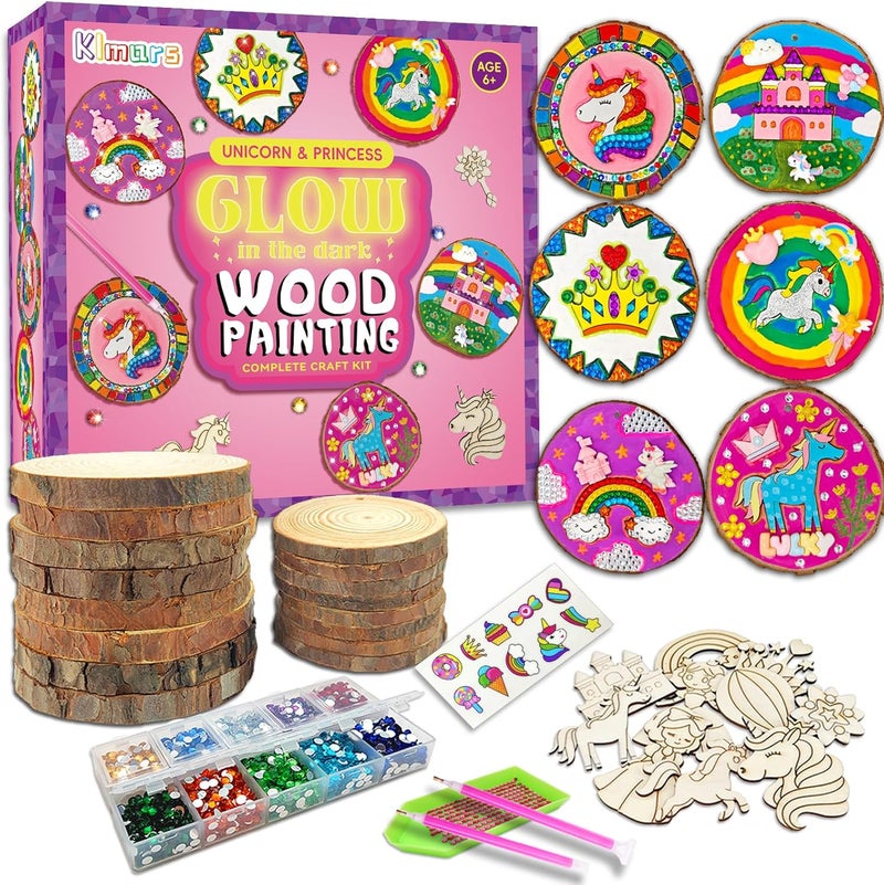 Klmars Unicorn Themed Wooden Painting Kit-Glow in The Dark-Arts & Crafts Gifts for Kids Girls Ages 5-12-Wood Slice Craft Activities Kits -Unicorn Art Toys for Kids Christmas Gifts - Image 1
